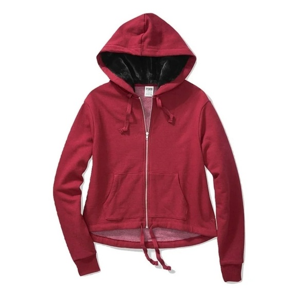 PINK Victoria's Secret Tops - Victorias Secret PINK Faux Fur Lined Hood Sweatshirt Full Zip Burgundy Maroon
